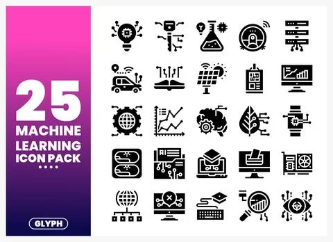 Machine learning icons for technology and AI presentation. Stock Illustration
