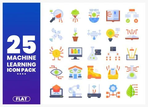 Machine learning icons for technology. science. and innovation. Flat design.. Illustrazione stock