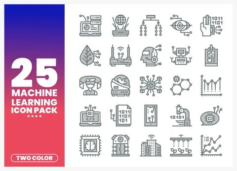 Machine learning icons in two colors on a gradient background Stock Illustration