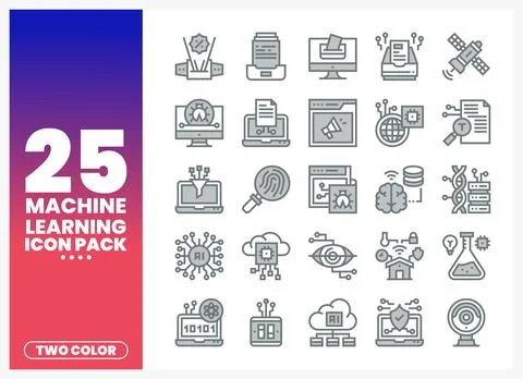 Machine learning icons in two colors arranged on a white background Stock Illustration