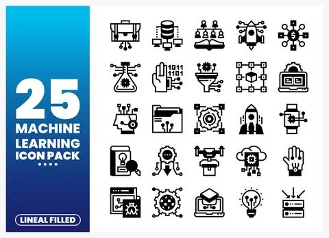 Machine learning icons on white background with blue gradient overlay Stock Illustration