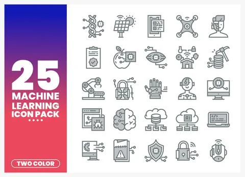 Machine Learning Icons on White Background. Two-Color Set Stock Illustration
