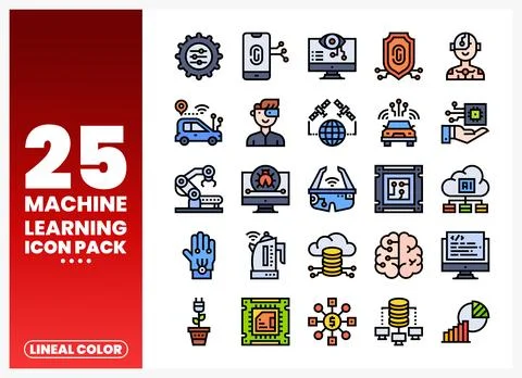 Machine learning icons on white background in a pack Stockillustratie