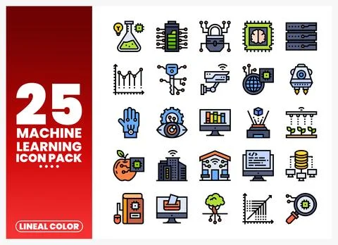 Machine learning icons on a white background with a red gradient overlay 스톡 일러스트