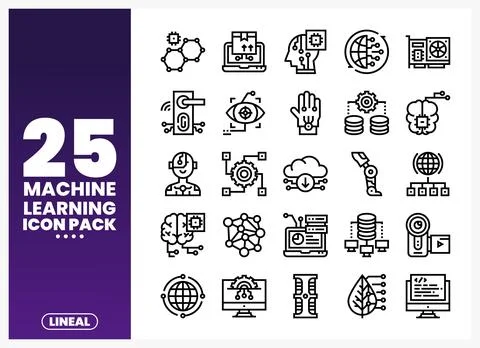Machine learning icons on a white background with purple gradient Stock Illustration
