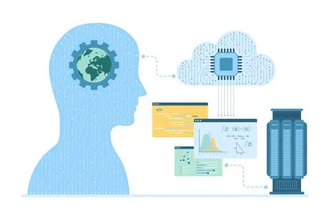 Machine learning, infographic chart with hardware, brain of AI in head, cloud 스톡 일러스트
