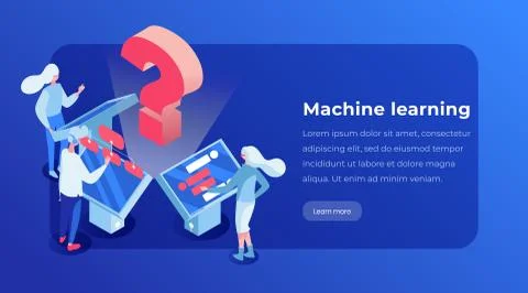 Machine learning isometric landing page template. People working with digital Stock Illustration