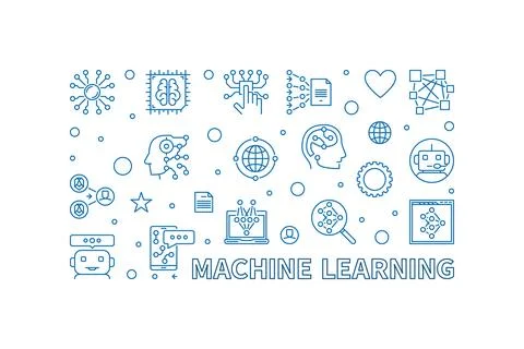 Machine Learning line horizontal banner - vector ML Technology linear illus.. イラスト素材