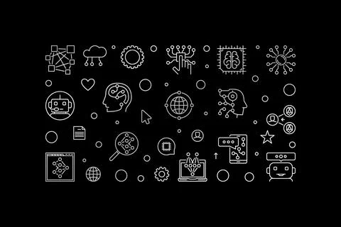 Machine Learning line horizontal banner - ML concept vector illustration Stock Illustration