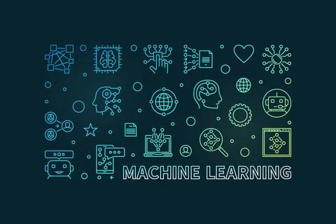 Machine Learning line horizontal creative banner. ML Technology vector illu.. 스톡 일러스트