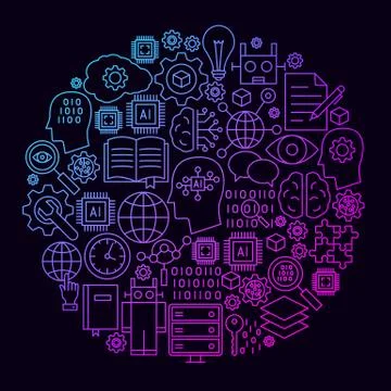 Machine Learning Line Icon Circle Concept 스톡 일러스트