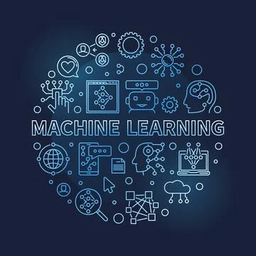 Machine Learning line round blue banner. ML Technology vector illustration 스톡 일러스트