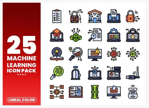 Machine learning lineal color icon pack with symbols on a white background Stock Illustration