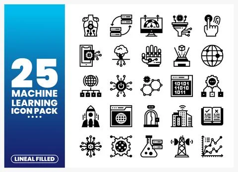 Machine Learning Lineal Filled Icons for Technology and AI Innovation Stock Illustration