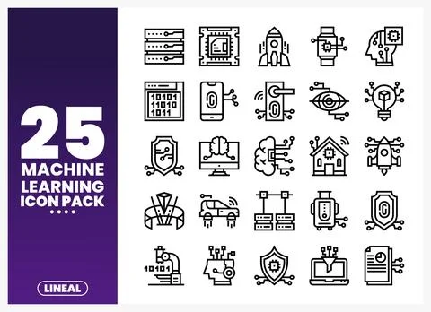 Machine Learning Lineal Icons Collection in White and Purple Illustration