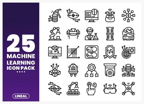 Machine learning linear icon pack on white background with gradient Illustrazione stock