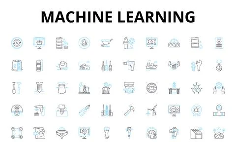 Machine learning linear icons set. Algorithms, Neural nerks, Prediction, Deep Stock Illustration