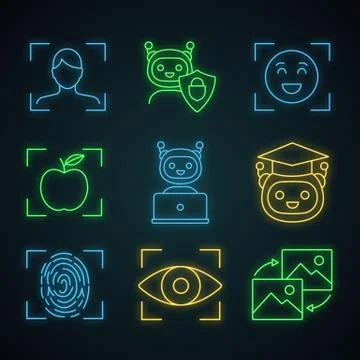 Machine learning neon light icons set 스톡 일러스트