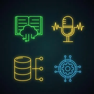 Machine learning neon light icons set Stock Illustration