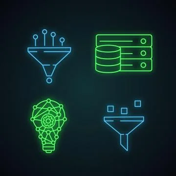 Machine learning neon light icons set Stock Illustration