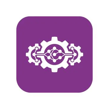 Machine learning process icon with white gears and nodes on purple backgrou.. Stock Illustration