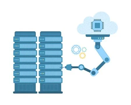 Machine learning, remote support, robotic arm with smart brain working with Stock Illustration