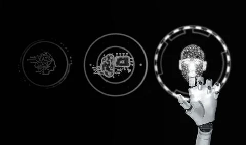 Machine learning. A robotic hand touches a virtual screen of Artificial Int.. イラスト素材