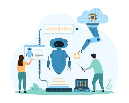 Machine learning, smart automation process assembly and tech innovation by tiny Stock Illustration