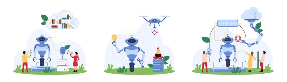 Machine learning, smart integration of AI set, tiny people and cloud assistant Ilustração Stock