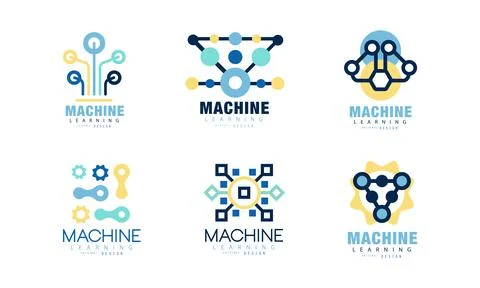 Machine Learning System Original Design with Neuron Scheme Vector Set Illustrazione stock