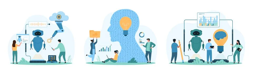 Machine learning, tech innovation and creative ideas from AI and tiny people set Stock Illustration