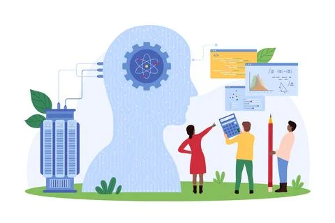 Machine learning technology, AI assistant, tiny people training digital brain イラスト素材