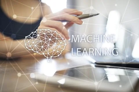 Machine learning technology and artificial intelligence in modern manufacturing. Stockfoto's