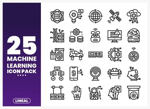 Machine learning technology icons arrayed on a white background with purple.. イラスト素材