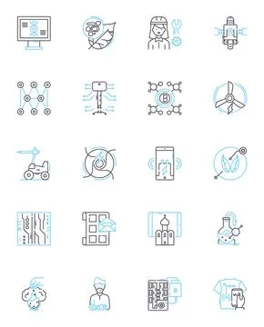 Machine learning technology linear icons set. Algorithms, Predictions, Data Stock Illustration