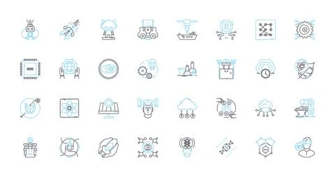 Machine learning technology linear icons set. Algorithms, Predictions, Data Stock Illustration
