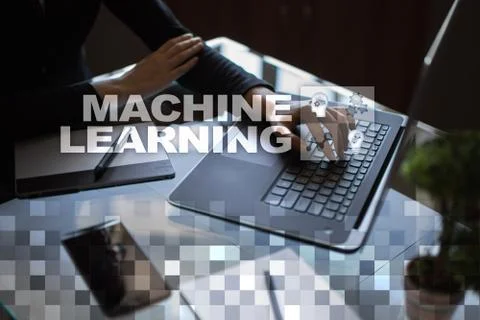 Machine Learning. Text and icons on virtual screen. technology concept. Stock Photos