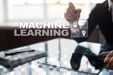 Machine Learning. Text and icons on virtual screen. technology concept. Stock Photos