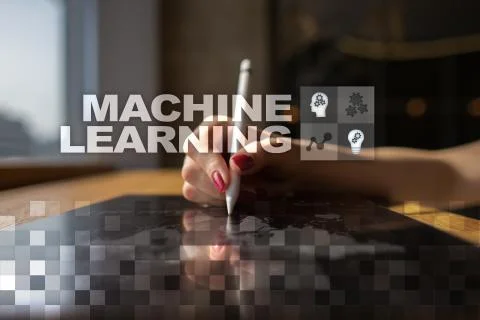 Machine Learning. Text and icons on virtual screen. Business, internet and Stock Photos