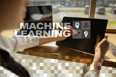 Machine Learning. Text and icons on virtual screen. Business, internet and Stock Photos