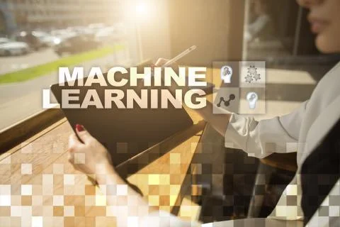 Machine Learning. Text and icons on virtual screen. Business, internet and Fotos Stock
