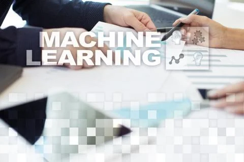 Machine Learning. Text and icons on virtual screen. Business, internet and Fotos Stock