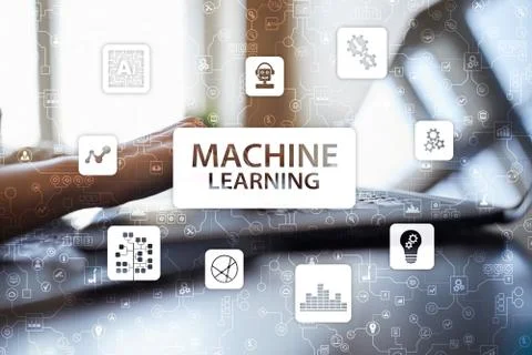 Machine Learning. Text and icons on virtual screen. Business, internet and 库存照片