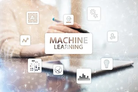 Machine Learning. Text and icons on virtual screen. Business, internet and Stock Photos