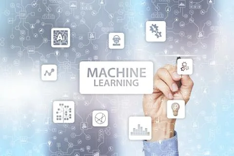 Machine Learning. Text and icons on virtual screen. Business, internet and Stock Photos
