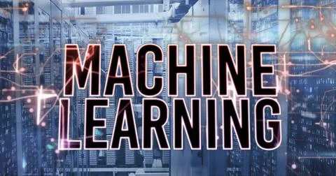 MACHINE LEARNING text dominating data center, with server racks, cabling and Stock Photos