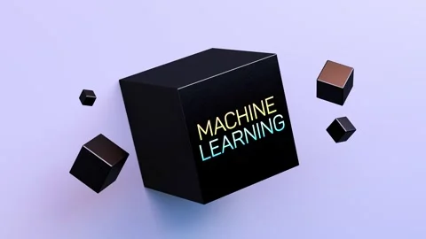 MACHINE LEARNING text, neon sign on a cube. Data, animation. 3D render Stock Footage 337199380