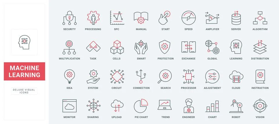 Machine learning thin black and red line icons set, data research algorithms Stock Illustration