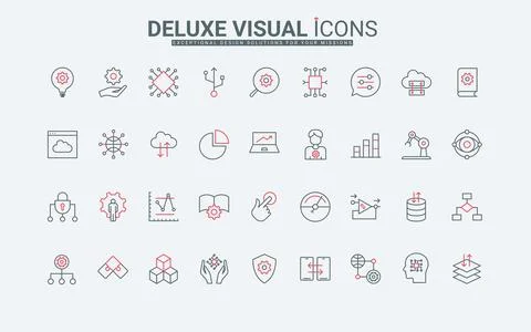 Machine learning thin black and red line icons set, automation process, neural 스톡 일러스트