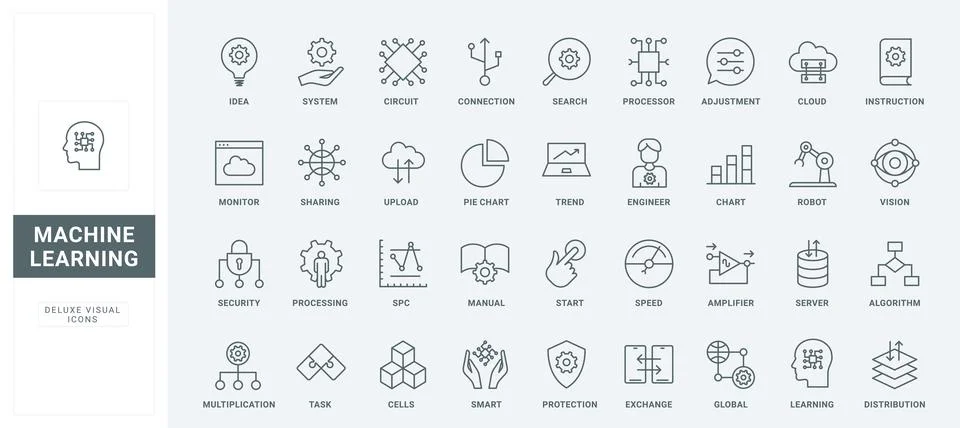 Machine learning thin black and red line icons set, data research algorithms Stock Illustration